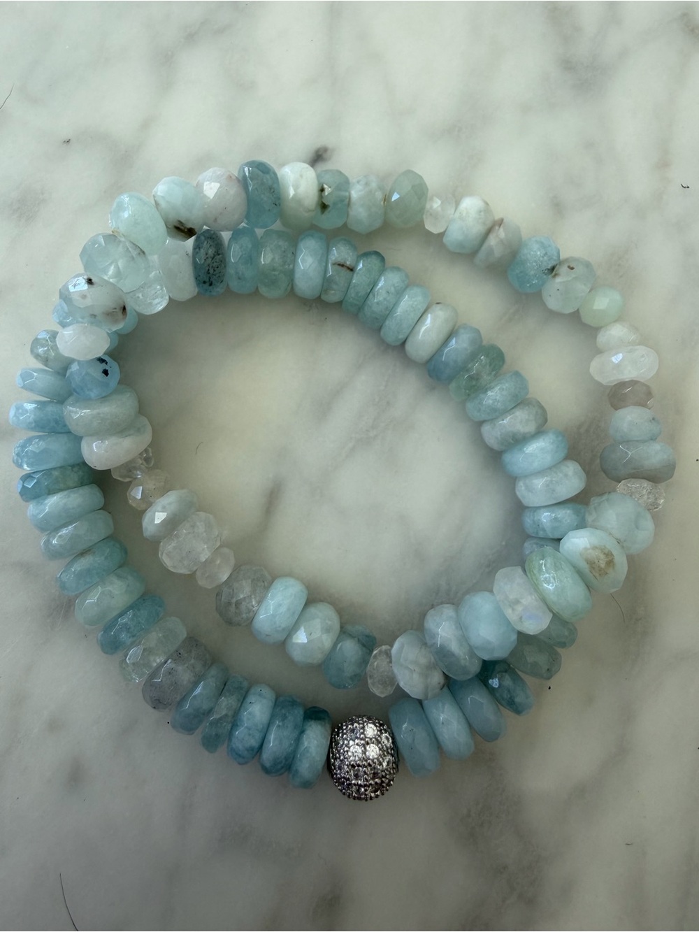 Sterling Silver Aquamarine Beaded Stretch Bracelet - Light Blue